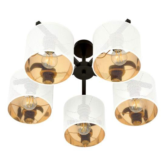 Plafoniera Industrial 5 Luci Cigno In Acciaio Bianco E Paralumi A Cilindro Oro LA0116-EB-PL5-NR-BI