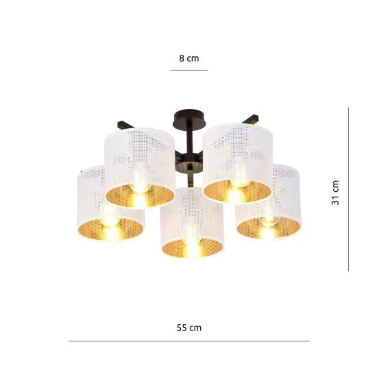 Plafoniera Industrial 5 Luci Cigno In Acciaio Bianco E Paralumi A Cilindro Oro LA0116-EB-PL5-NR-BI