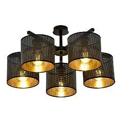 Plafoniera Industrial 5 Luci Cigno In Acciaio Nero E Paralumi A Cilindro Oro