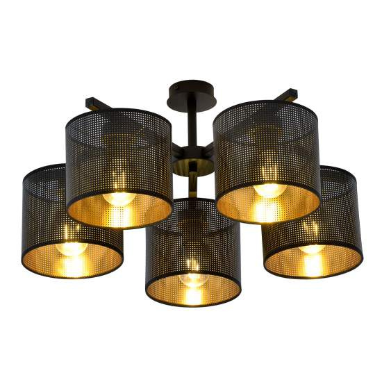 Plafoniera Industrial 5 Luci Cigno In Acciaio Nero E Paralumi A Cilindro Oro LA0116-EB-PL5-NR-OR
