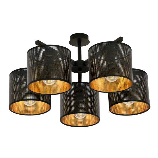 Plafoniera Industrial 5 Luci Cigno In Acciaio Nero E Paralumi A Cilindro Oro LA0116-EB-PL5-NR-OR