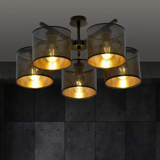 Plafoniera Industrial 5 Luci Cigno In Acciaio Nero E Paralumi A Cilindro Oro LA0116-EB-PL5-NR-OR