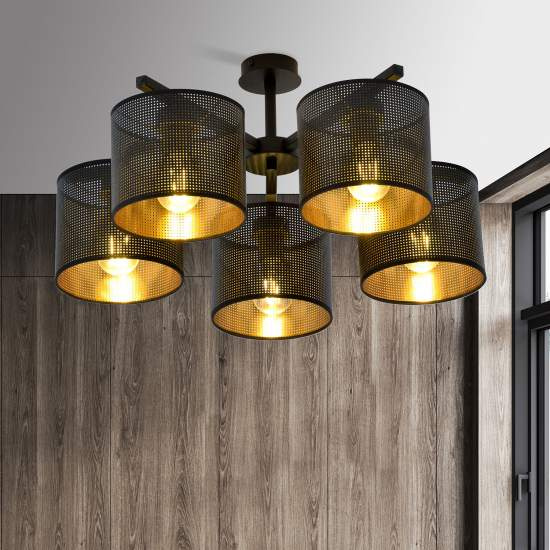 Plafoniera Industrial 5 Luci Cigno In Acciaio Nero E Paralumi A Cilindro Oro LA0116-EB-PL5-NR-OR