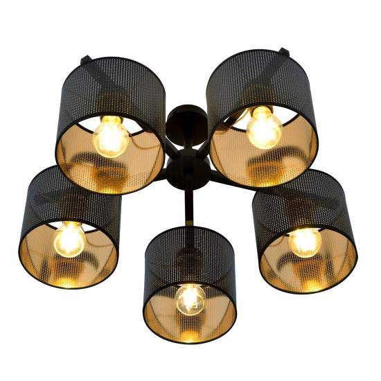 Plafoniera Industrial 5 Luci Cigno In Acciaio Nero E Paralumi A Cilindro Oro LA0116-EB-PL5-NR-OR