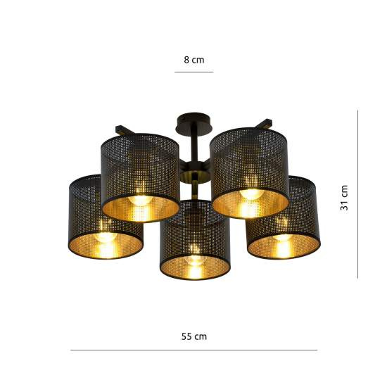 Plafoniera Industrial 5 Luci Cigno In Acciaio Nero E Paralumi A Cilindro Oro LA0116-EB-PL5-NR-OR