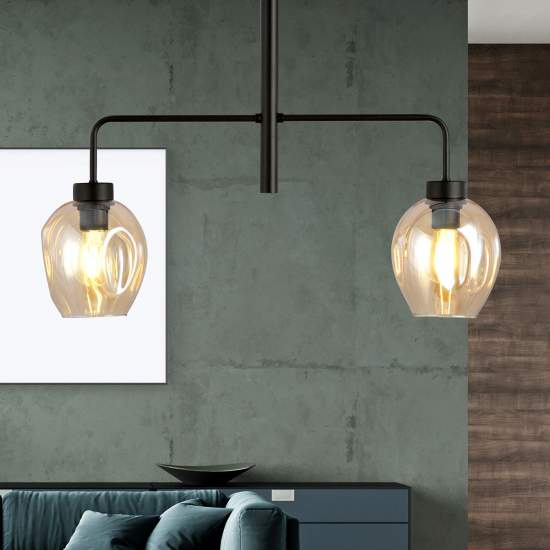 Lampadario Moderno 2 Luci Auriga In Accaio Nero E Vetro Ambra LA0119-EB-2-NR-AM