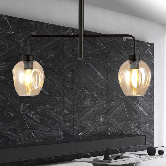 Lampadario Moderno 2 Luci Auriga In Accaio Nero E Vetro Ambra LA0119-EB-2-NR-AM