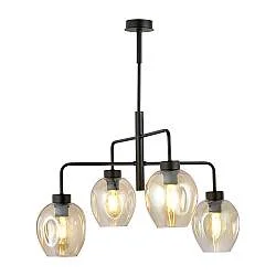 Lampadario Moderno 4 Luci Eritonio In Accaio Nero E Vetro Ambra