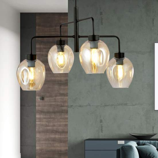 Lampadario Moderno 4 Luci Auriga In Accaio Nero E Vetro Ambra LA0119-EB-4-NR-AM
