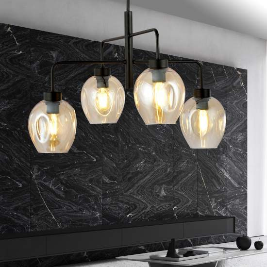 Lampadario Moderno 4 Luci Auriga In Accaio Nero E Vetro Ambra LA0119-EB-4-NR-AM