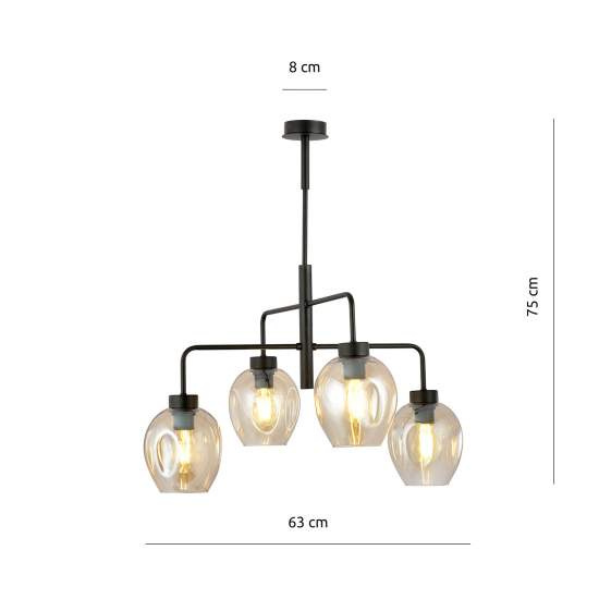 Lampadario Moderno 4 Luci Auriga In Accaio Nero E Vetro Ambra LA0119-EB-4-NR-AM