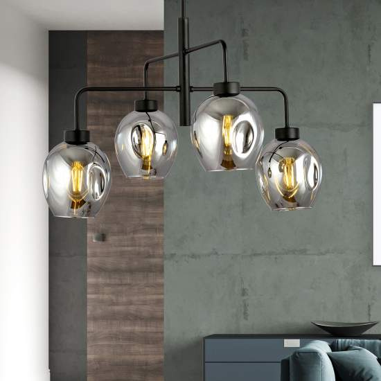 Lampadario Moderno 4 Luci Auriga In Accaio Nero E Vetro Fumè LA0119-EB-4-NR-GR