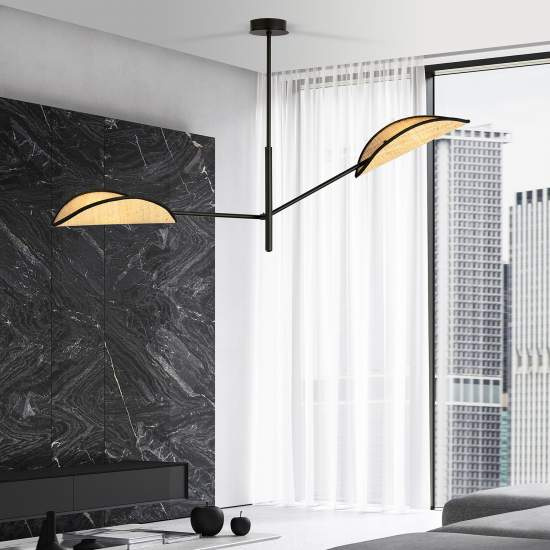 Lampadario 2 Luci Eridano In Acciao Nero E Rattan Con Bracci Mobili LA0120-EB-PL2-NR-MA