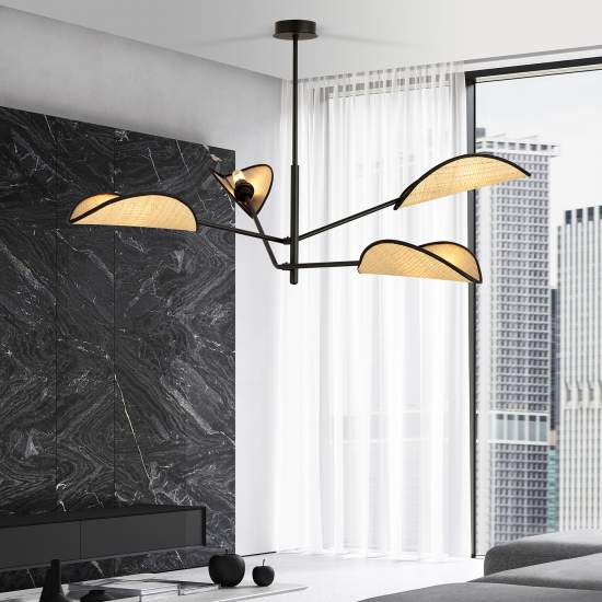 Lampadario 4 Luci Eridano In Acciao Nero E Rattan Con Bracci Mobili LA0120-EB-PL4-NR-MA