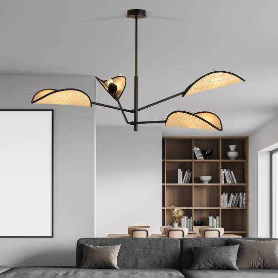 Lampadario 4 Luci Eridano In Acciao Nero E Rattan Con Bracci Mobili LA0120-EB-PL4-NR-MA