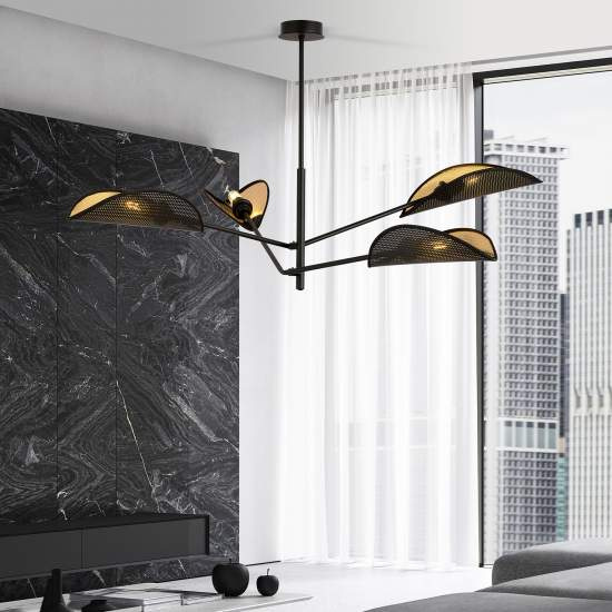 Lampadario 4 Luci Eridano In Acciao Nero E Oro Con Bracci Mobili LA0120-EB-PL4-NR-OR
