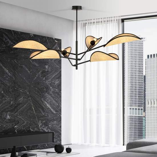 Lampadario 6 Luci Eridano In Acciao Nero E Rattan Con Bracci Mobili LA0120-EB-PL6-NR-MA