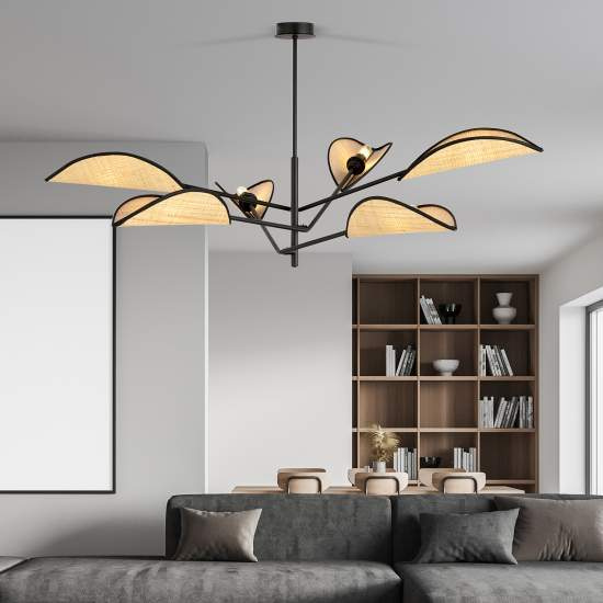 Lampadario 6 Luci Eridano In Acciao Nero E Rattan Con Bracci Mobili LA0120-EB-PL6-NR-MA