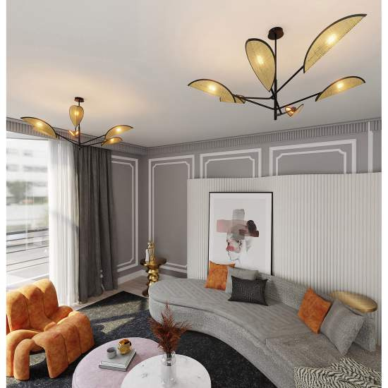 Lampadario 6 Luci Eridano In Acciao Nero E Rattan Con Bracci Mobili LA0120-EB-PL6-NR-MA
