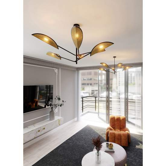 Lampadario 6 Luci Eridano In Acciao Nero E Rattan Con Bracci Mobili LA0120-EB-PL6-NR-MA