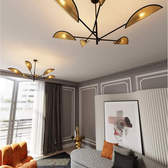 Lampadario 6 Luci Eridano In Acciao Nero E Rattan Con Bracci Mobili LA0120-EB-PL6-NR-MA