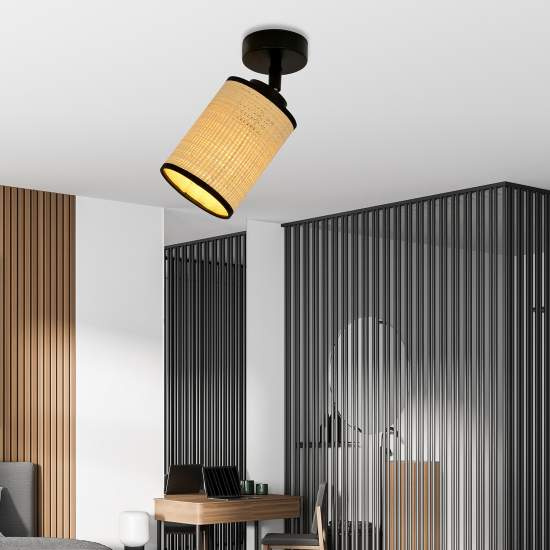 Plafoniera Spot 1 Luce Bronx In Acciaio Nero E Rattan Paralumi Regolabile LA0124-EB-PL1-NR