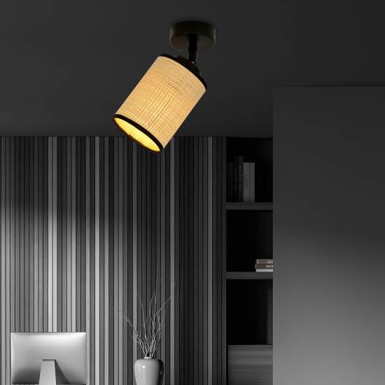 Plafoniera Spot 1 Luce Bronx In Acciaio Nero E Rattan Paralumi Regolabile LA0124-EB-PL1-NR