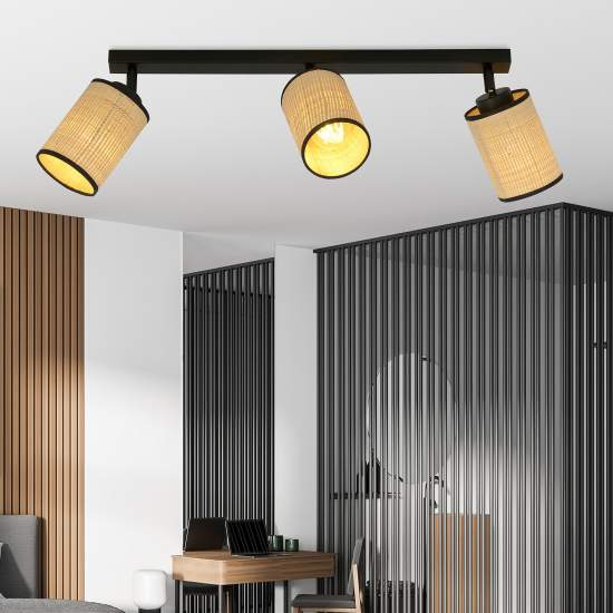 Plafoniera Spot 3 Luci Bronx In Acciaio Nero E Rattan Paralumi Regolabili LA0124-EB-PL3-NR