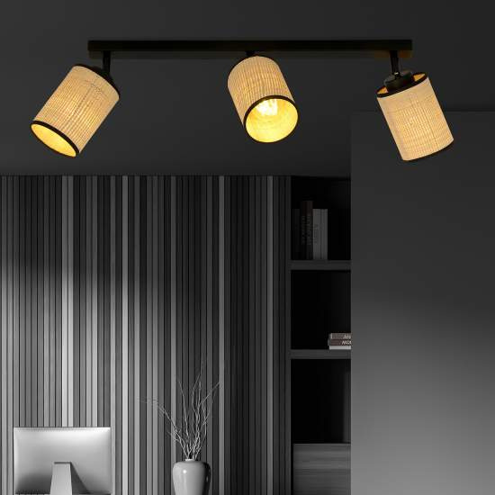 Plafoniera Spot 3 Luci Bronx In Acciaio Nero E Rattan Paralumi Regolabili LA0124-EB-PL3-NR