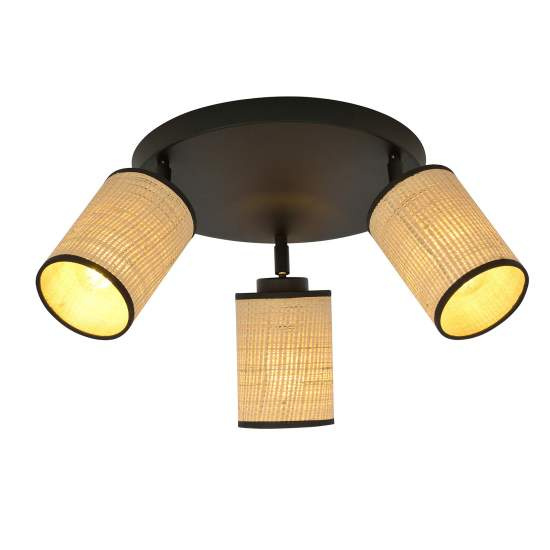 Plafoniera Tonda Spot 3 Luci Bronx In Acciaio Nero E Rattan Paralumi Regolabili LA0124-EB-PL3-NR-MA