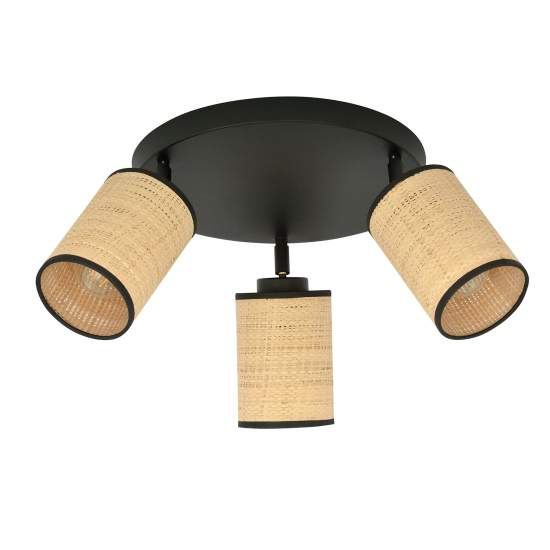Plafoniera Tonda Spot 3 Luci Bronx In Acciaio Nero E Rattan Paralumi Regolabili LA0124-EB-PL3-NR-MA
