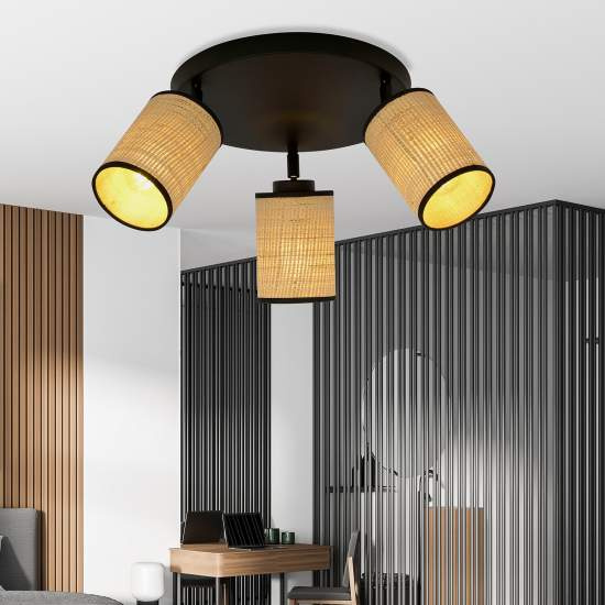 Plafoniera Tonda Spot 3 Luci Bronx In Acciaio Nero E Rattan Paralumi Regolabili LA0124-EB-PL3-NR-MA