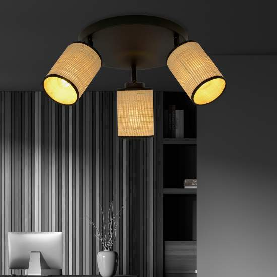 Plafoniera Tonda Spot 3 Luci Bronx In Acciaio Nero E Rattan Paralumi Regolabili LA0124-EB-PL3-NR-MA