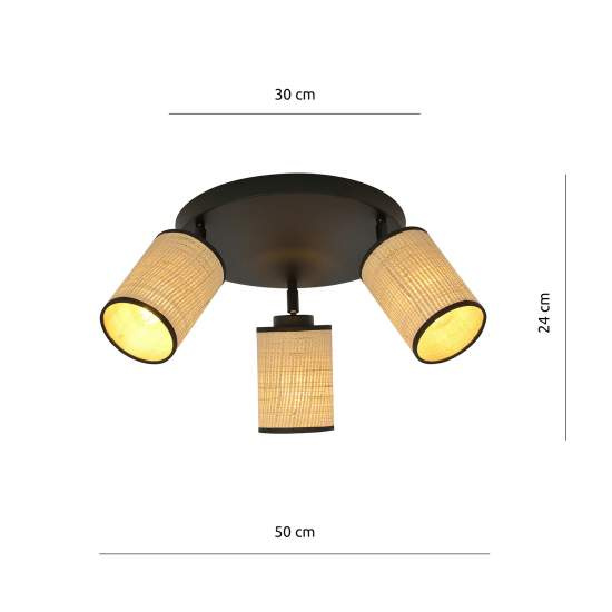 Plafoniera Tonda Spot 3 Luci Bronx In Acciaio Nero E Rattan Paralumi Regolabili LA0124-EB-PL3-NR-MA