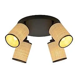 Plafoniera Tonda Spot 4 Luci Bronx In Acciaio Nero E Rattan Paralumi Regolabili