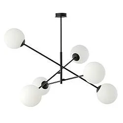 Lampadario 6 Luci Udden In Acciao Nero Con Bracci Regolabili E Vetro Opale