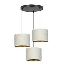 Lampadario Tondo 3 Luci Vinayaka Acciaio Nero E Paralumi In Tessuto Beige
