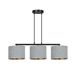 Lampadario 3 Luci Vinayaka In Acciaio Nero E Paralumi In Tessuto Grigio