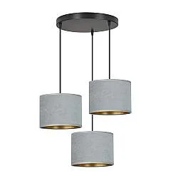Lampadario Tondo 3 Luci Vinayaka Acciaio Nero E Paralumi In Tessuto Grigio