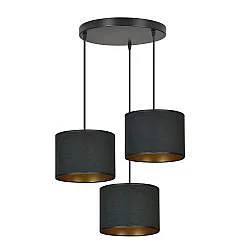 Lampadario Tondo 3 Luci Vinayaka Acciaio Nero E Paralumi In Tessuto Nero