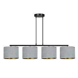 Lampadario 4 Luci Vinayaka In Acciaio Nero E Paralumi In Tessuto Grigio
