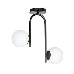 Lampada a Soffitto 2 Luci Rama In Acciaio Nero A Bracci E Sfere In Vetro Opalino