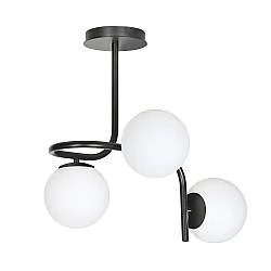 Lampada a Soffitto 3 Luci Rama In Acciaio Nero A Bracci E Sfere In Vetro Opalino