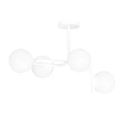 Plafoniera 4 Luci Rama In Acciaio Bianco A Bracci Curvi E Sfere In Vetro Opalino