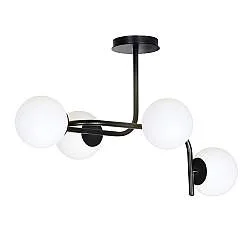 Lampada a Soffitto 4 Luci Rama In Acciaio Nero A Bracci Curvi E Sfere In Vetro Opalino
