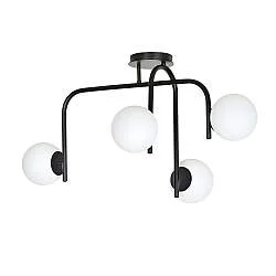 Lampada a Soffitto 4 Luci Rama In Acciaio Nero A Bracci E Sfere In Vetro Opalino