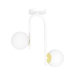 Lampada a Soffitto 2 Luci Kalf In Acciaio Bianco A Bracci E Sfere In Vetro Opalino E Oro