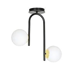 Lampada a Soffitto 2 Luci Kalf In Acciaio Nero A Bracci E Sfere In Vetro Opalino E Oro