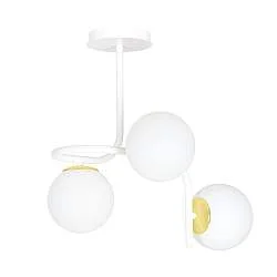 Lampada a Soffitto 3 Luci Kalf In Acciaio Bianco A Bracci E Sfere In Vetro Opalino E Oro
