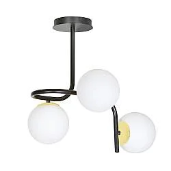 Lampada a Soffitto 3 Luci Kalf In Acciaio Nero A Bracci E Sfere In Vetro Opalino E Oro
